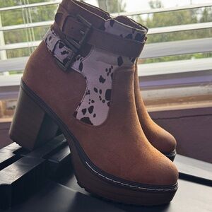 Brown Ankle Boots with Patterned Accent cow print new